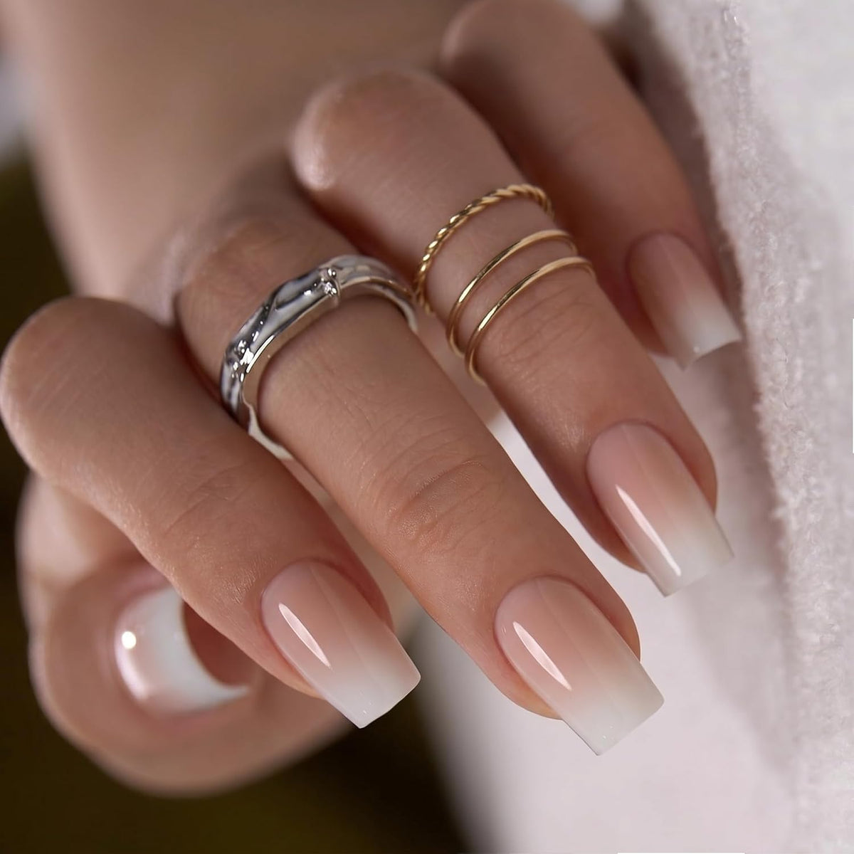 Medium Square French Tip Press On Nails, Porcelain White, Soft Gel