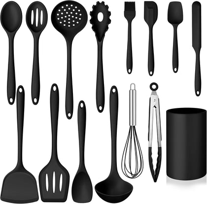 Silicone Cooking Utensil Set, 15pcs Kitchen Utensils with Holder for Nonstick Cookware, Heat Resistant Nontoxic