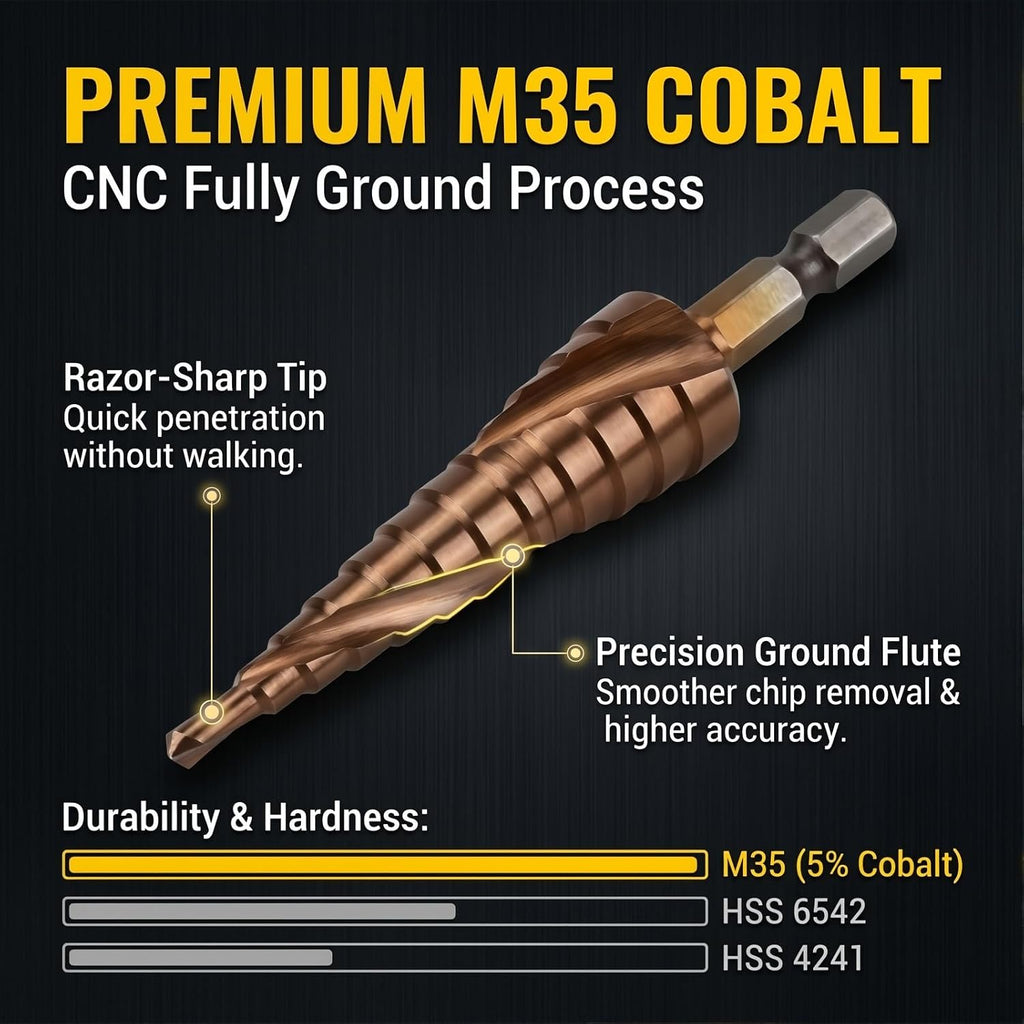 M35 Cobalt Step Drill Bit, Metric 3-14mm, 1/4" Hex Shank, 12 Sizes