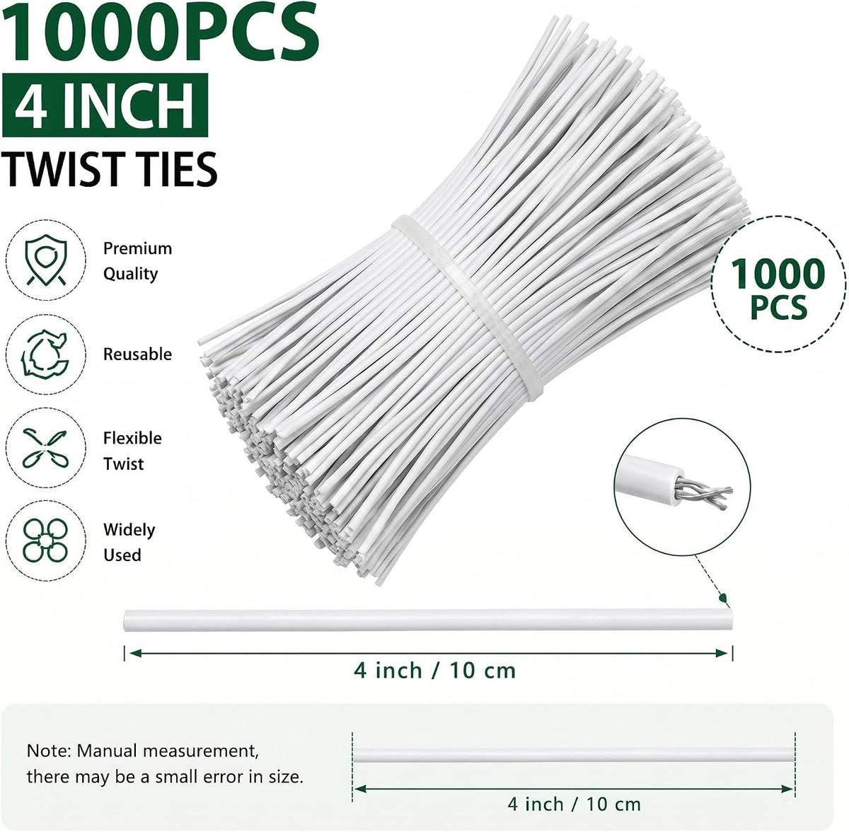 1000pcs 4 Inch Twist Ties - Reusable White Plastic Coated Cable Wire Ties for Bags, Bread,Household and Office