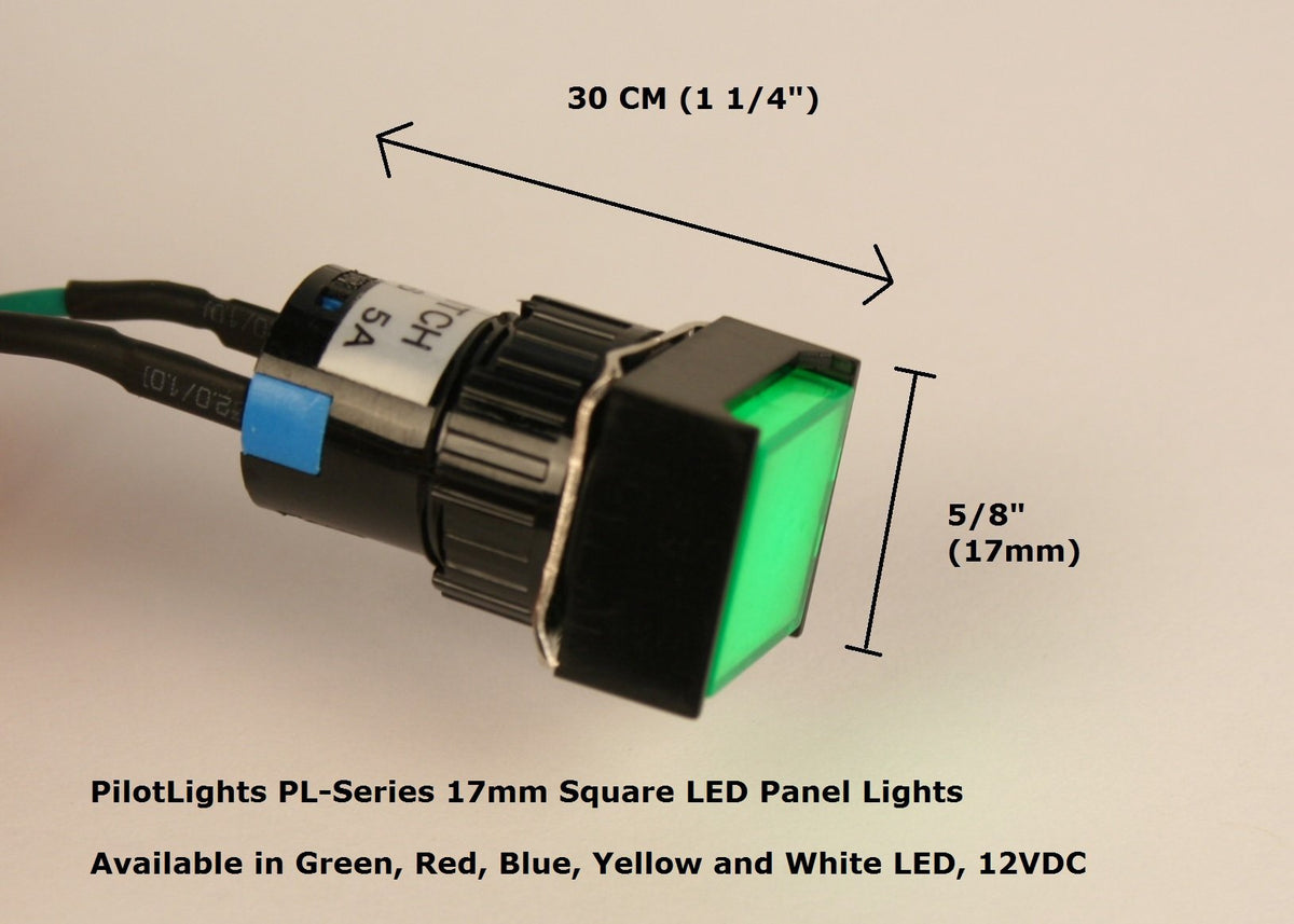 PilotLights 12 Volt DC Pilot Light, 17mm Square Panel Indicator Light - Red LED, 12VDC
