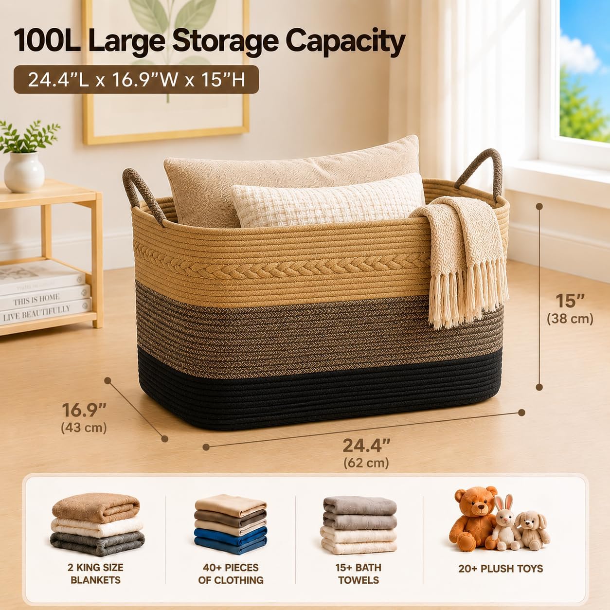 Large Laundry Hamper Basket, 100L Cotton Rope Woven Storage Bin for Blankets, Dirty Clothes Toys, Decorative Tall