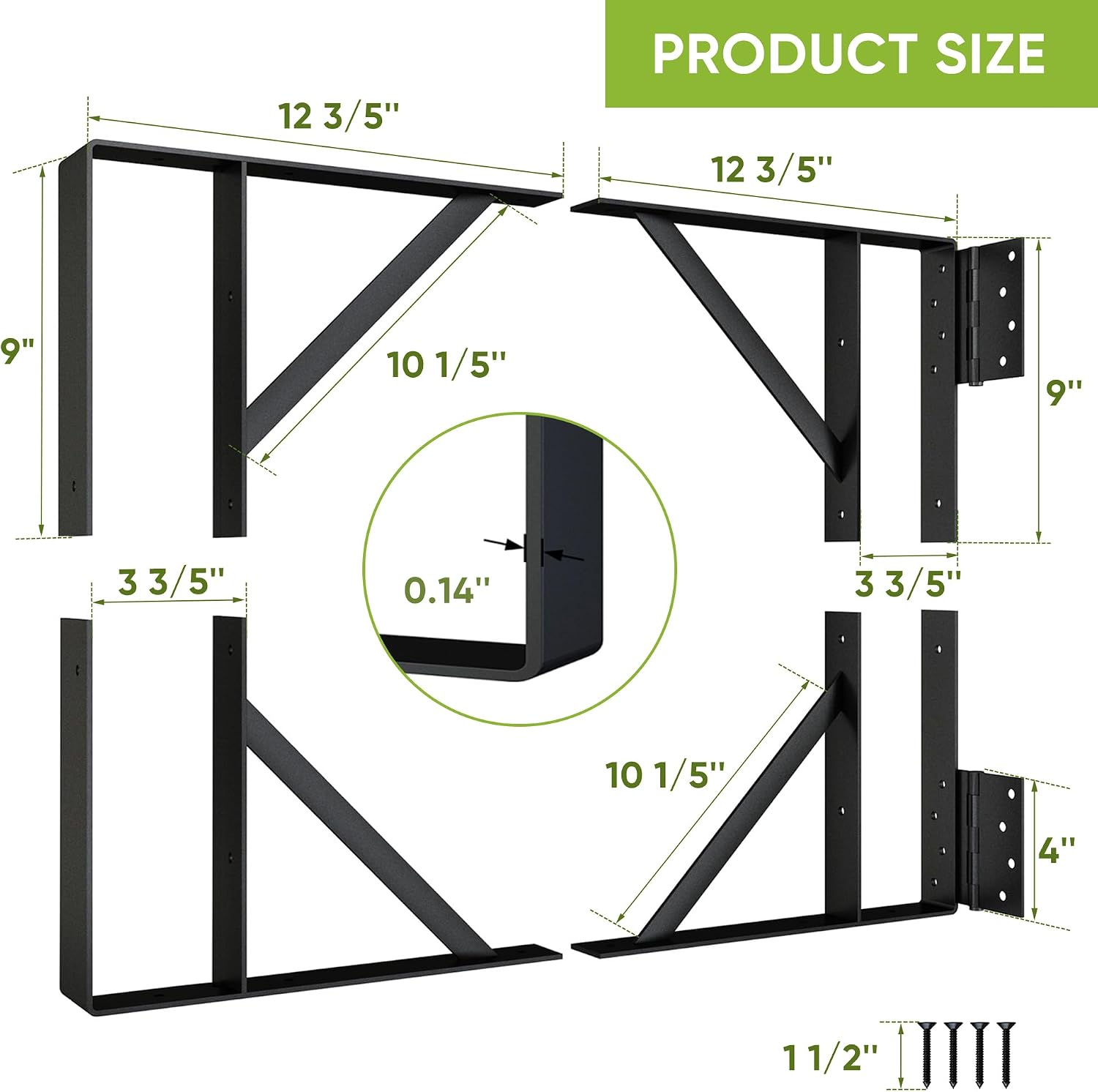 Heavy Duty Anti-Sag Gate Hardware Kit - Steel Brackets with Welded Hinges for Wooden Fence, Driveway, Corral Gates