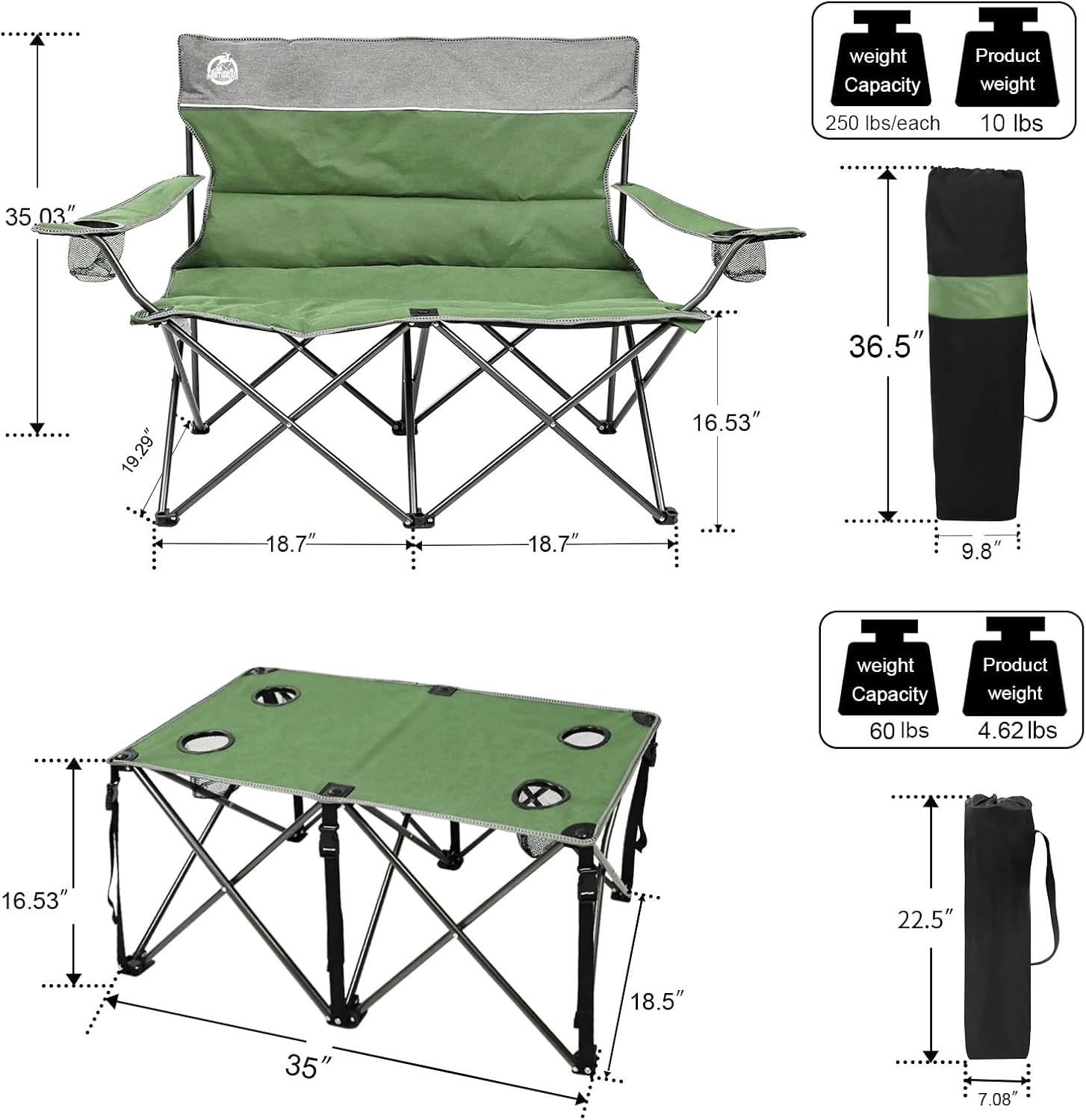 Folding Camping Chair Set of 4, Portable Collapsible Conversation Set w/1 Sofa, 2 Single Chairs, 1 Table for Family