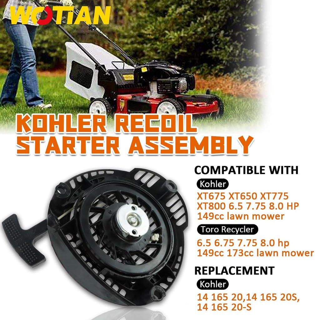 WOTIAN Recoil Starter Compatible with Kohler XT675 XT650 XT775 XT800 6.5 7.75 8.0 HP 149cc 173cc Engine Toro Lawn Mower Pull Start Assembly with Handle, Pull Cord Replaces 1416520 14165 20S 1416520-S