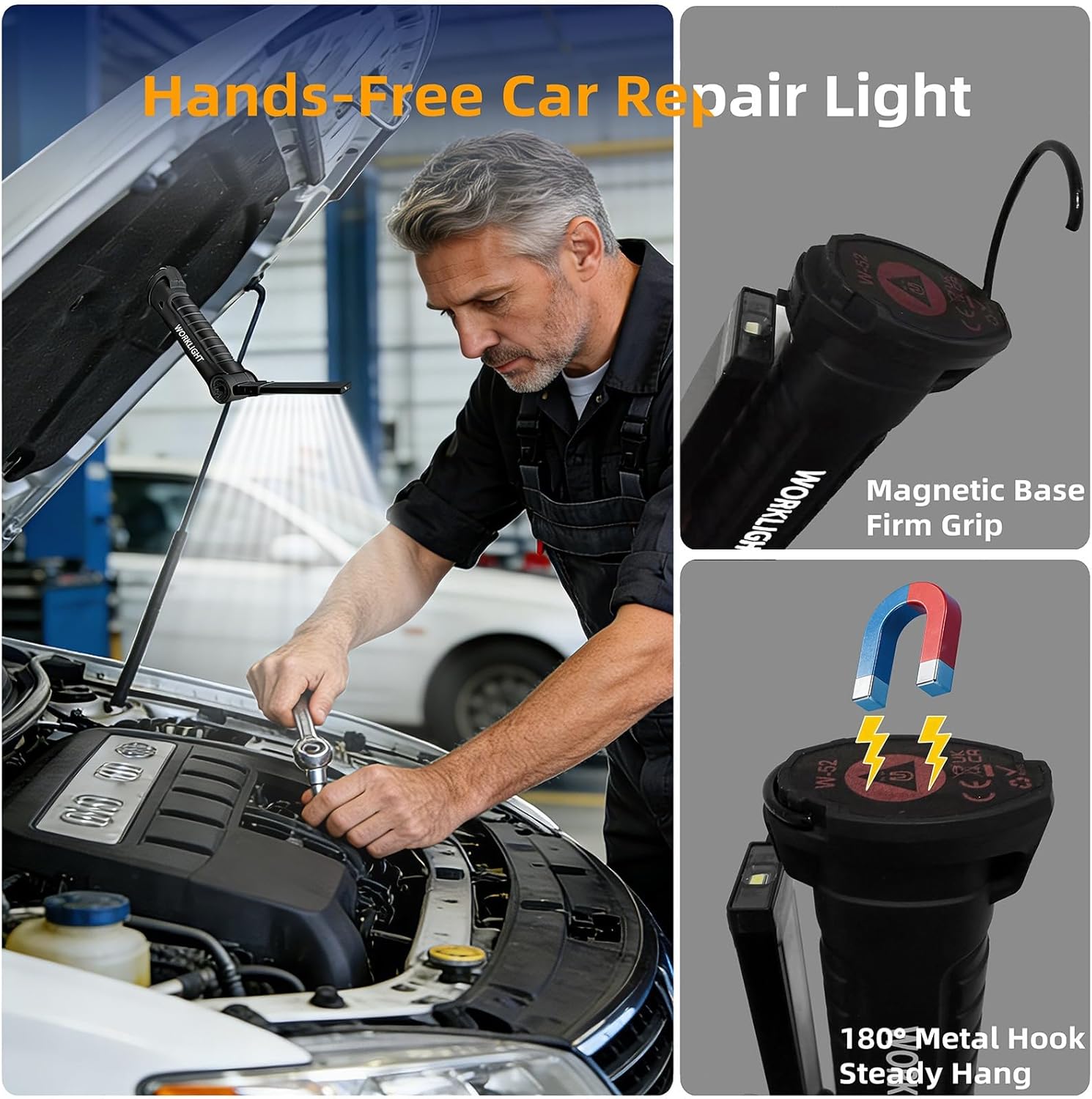 Tool Fathers Day Dad Gifts for Men Him Husband, LED Rechargeable Work Light for Mechanic with Magnetic Base Hook