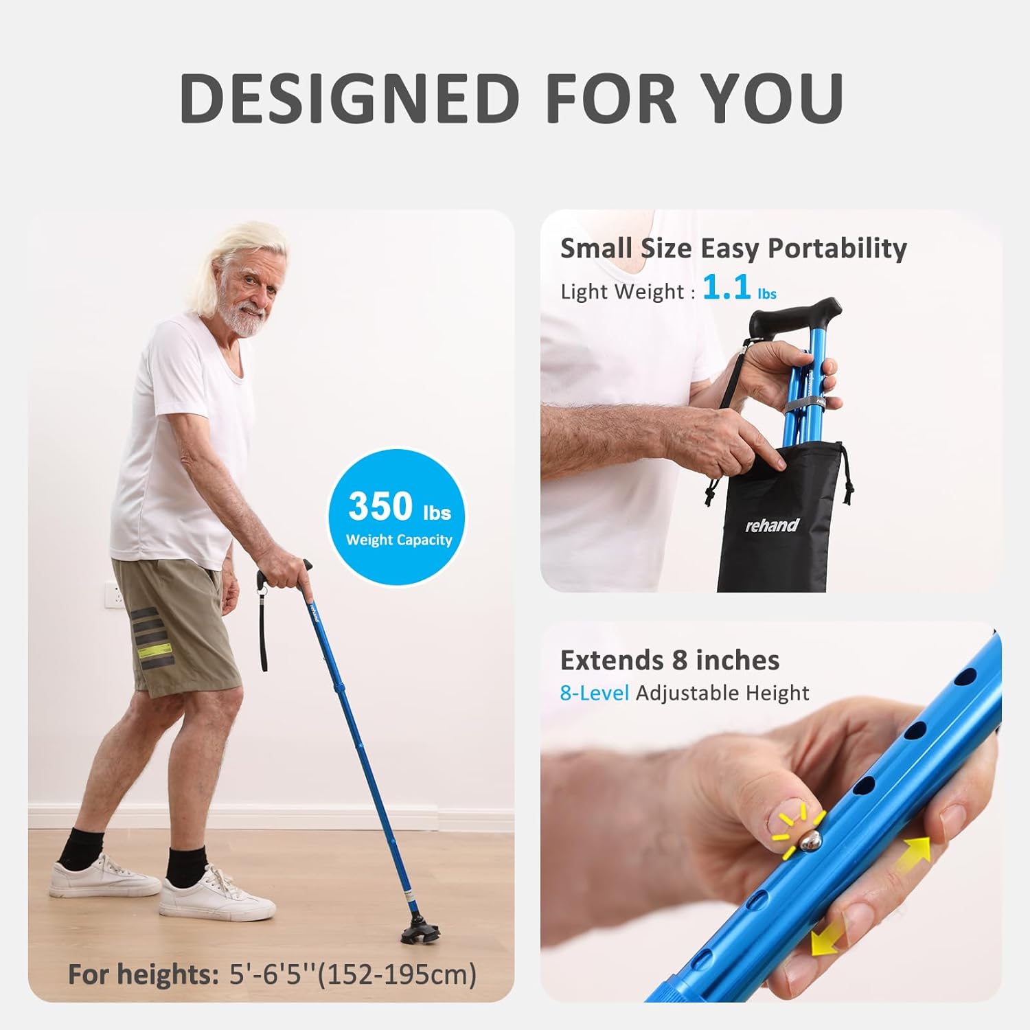 Walking Cane for Men & Women - Foldable, Adjustable, Lightweight, Self Standing Pivot Walking Cane, Soft Handle Grip