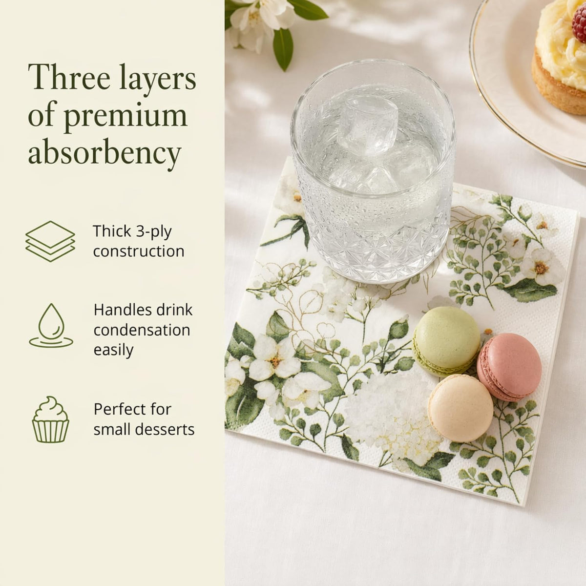 White Green Floral Cocktail Napkins 100 Count Botanical Beverage Napkins