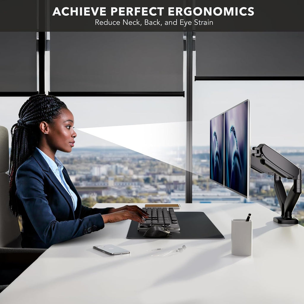 Dual Monitor Desk Mount, 13-32", 17.6 lbs Each | Two independent gas spring arms, full motion, VESA 75x75 & 100x100