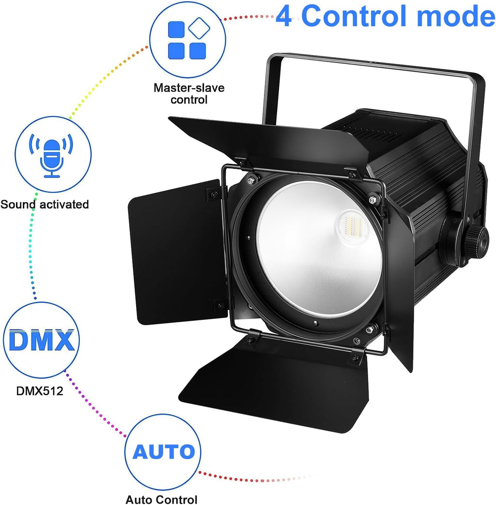 COB Stage Lights with Barn Doors, COB Par Light 200W LED RGBWAUV DMX512 Master-Slave Sound DJ Lighting Spotlight