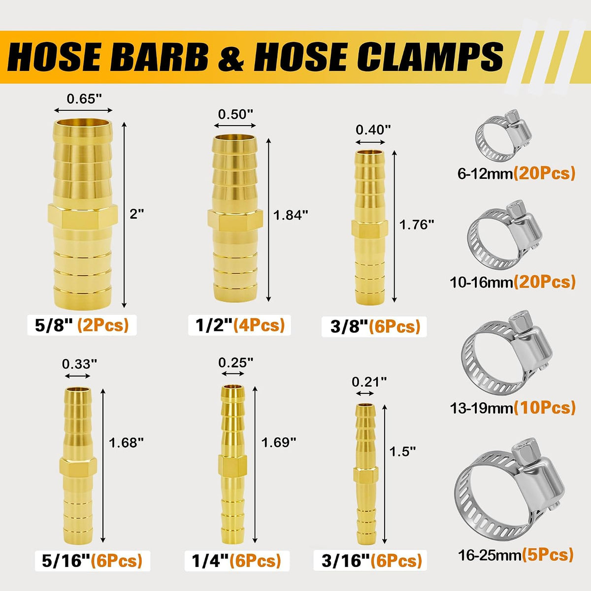 30PCS Brass Hose Barb 3/16” 1/4” 5/16” 3/8” 1/2” 5/8” Assortment