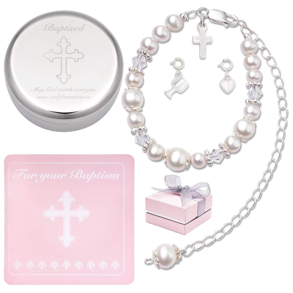 Baptism Bracelet in 925 Sterling Silver and Cultured Pearls for Baby Girls, Comes with a Unique Silver-plated Jewelry