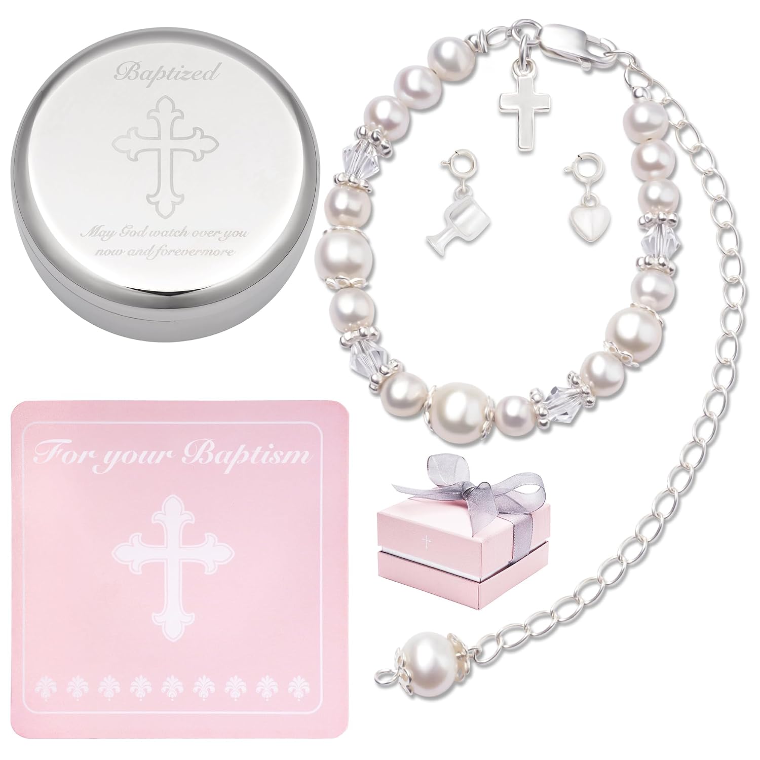Baptism Bracelet in 925 Sterling Silver and Cultured Pearls for Baby Girls, Comes with a Unique Silver-plated Jewelry