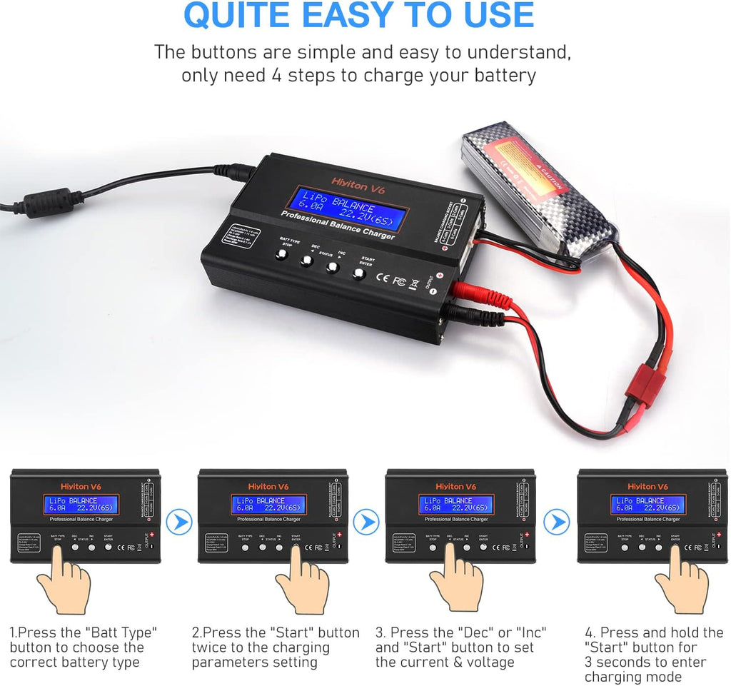 6A Lipo Battery Charger, 1S-6S Balanced Charger Discharger, 1-6S Lipo Li-ion NiMH NiCD Li-Fe Battery with Tamiya XT60