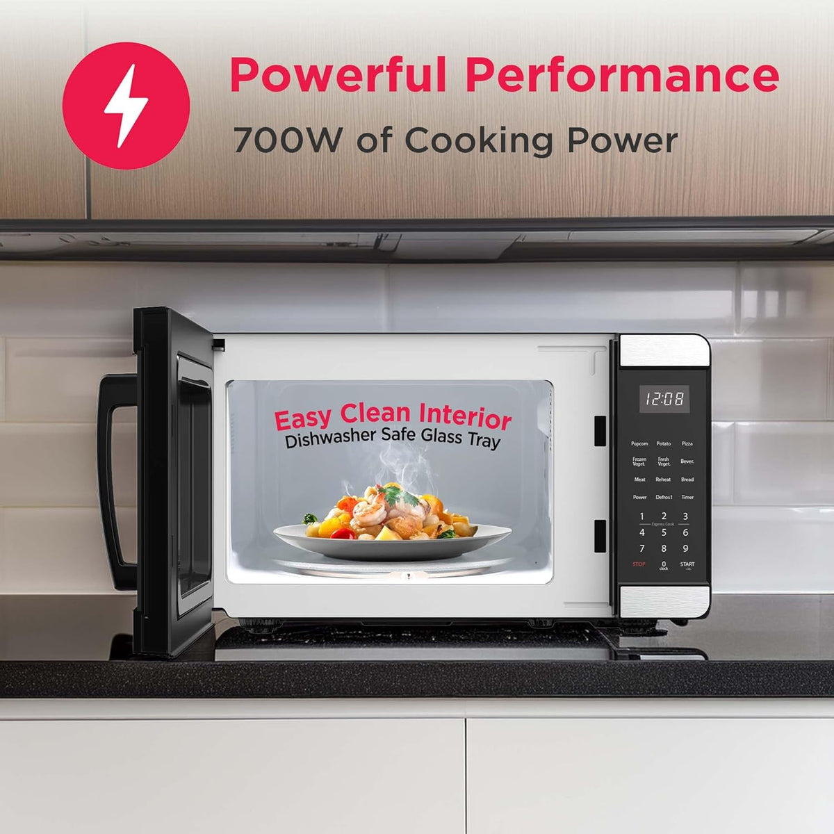 Countertop Microwave - Digital Control Panel - 6 Auto Cooking Settings - 10 Power Levels - Child Safety Lock - 0.7