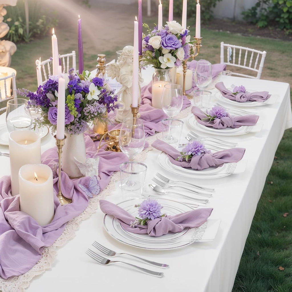 200Pcs White and Silver Plastic Dinnerware Set for 25 Guests Party