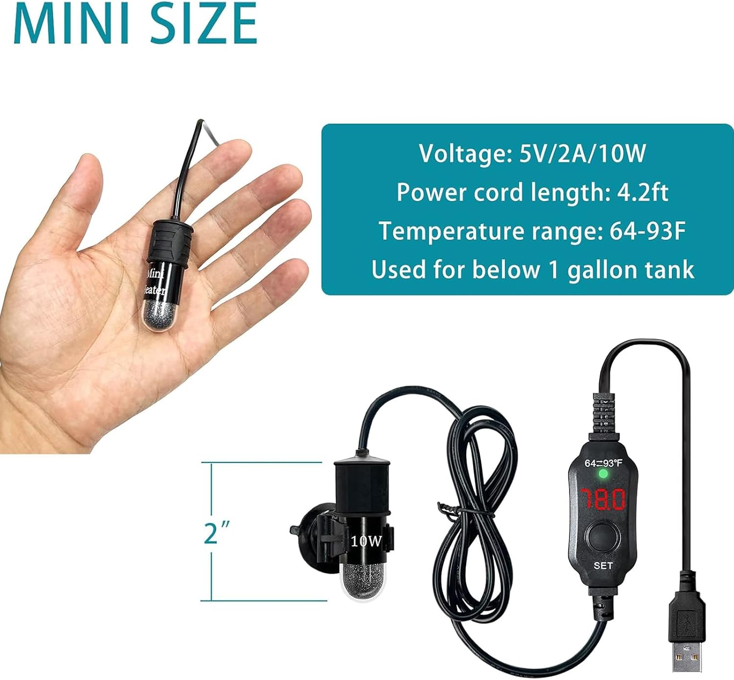 USB 10W Mini Submersible Aquarium Heater Adjustable Fish Tank Heater | Used for 0.5-1 Gallons, Built-in Thermometer