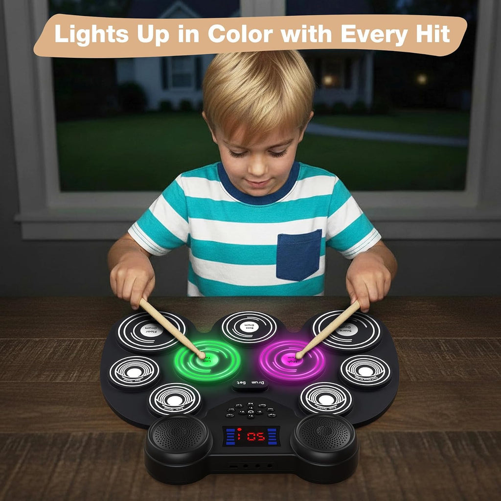 Electric Drum Set with 7 Colorful LED Light Patterns, Better Rebound Feel Electronic Drum Kit Featuring Bluetooth