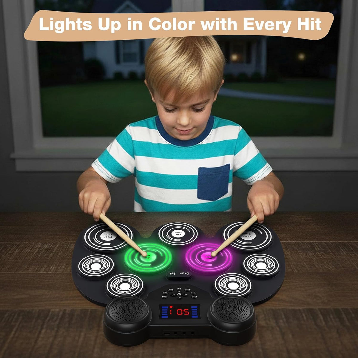 Electric Drum Set with 7 Colorful LED Light Patterns, Better Rebound Feel Electronic Drum Kit Featuring Bluetooth
