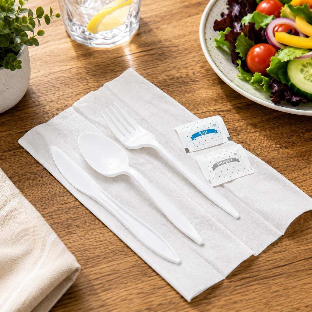 100 Pack Medium Weight Wrapped white Plastic Cutlery Pack with Napkin and Salt/Pepper Packets (White)