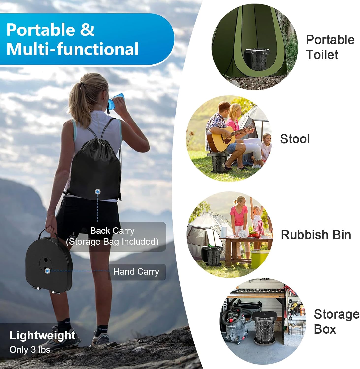 Retractable Portable Toilet Camping Toilet - Adjustable Height Camp Toilet Portable Potty for Camping, Car, Travel