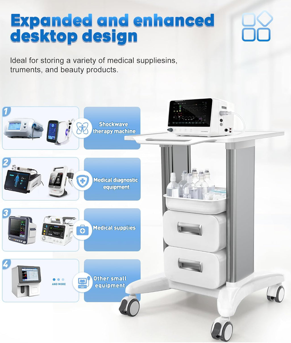 Medical Trolley Cart with Drawers, Hospital Mobile Ultrasound Cart with Trays & 4 Silent Swivel Wheels, 220 LBS Load