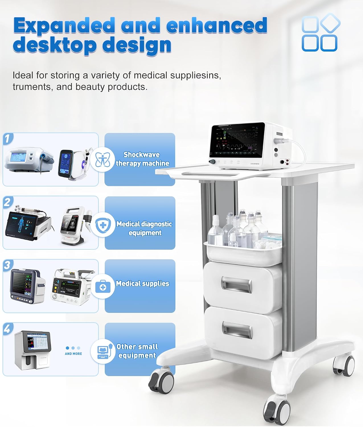 Medical Trolley Cart with Drawers, Hospital Mobile Ultrasound Cart with Trays & 4 Silent Swivel Wheels, 220 LBS Load