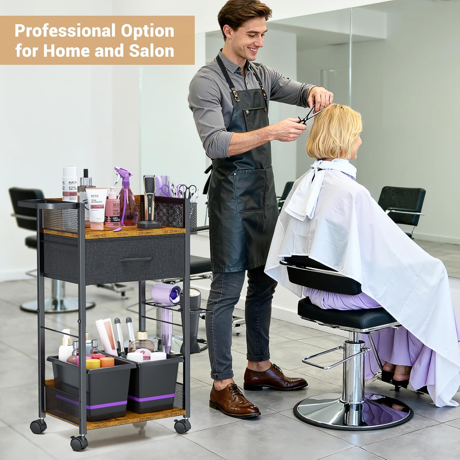 Salon Trolley Cart with Wheels, Mobile Hair Stylist Station with Metal Tool Holder & Basket, Rolling Barber Table