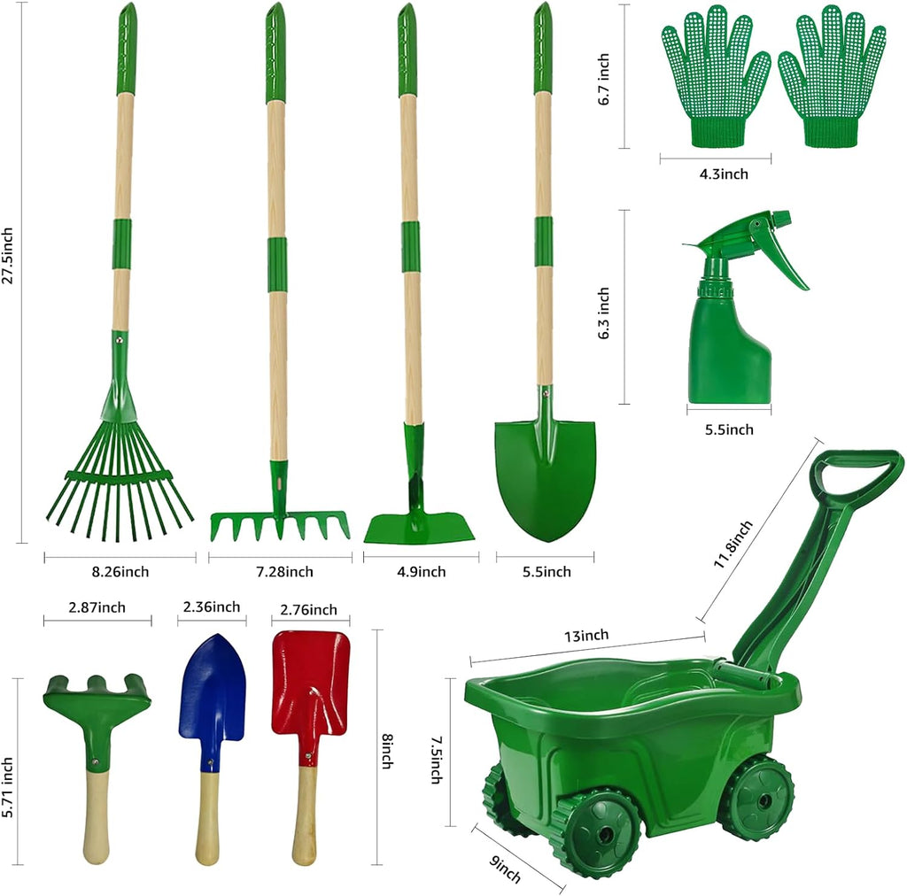 10Pcs Kids Gardening Tools Set - Wheelbarrow Toys with Shovel, Rake, Hoe and Leaf Rake for Outdoor Backyard Play
