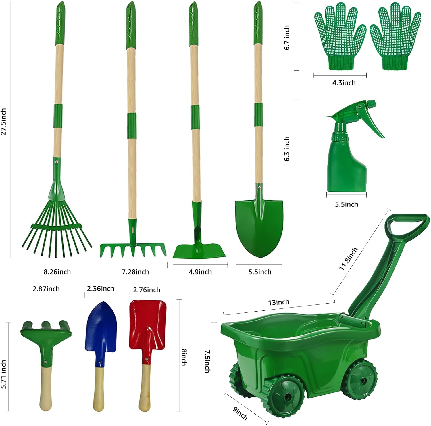 10Pcs Kids Gardening Tools Set - Wheelbarrow Toys with Shovel, Rake, Hoe and Leaf Rake for Outdoor Backyard Play