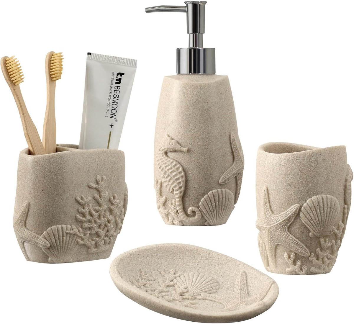 Bathroom Accessories Set, 4 PCS, Sea Bathroom Decor, Sandstone Look Beige | Ocean Theme,With 10OZ Soap Dispenser