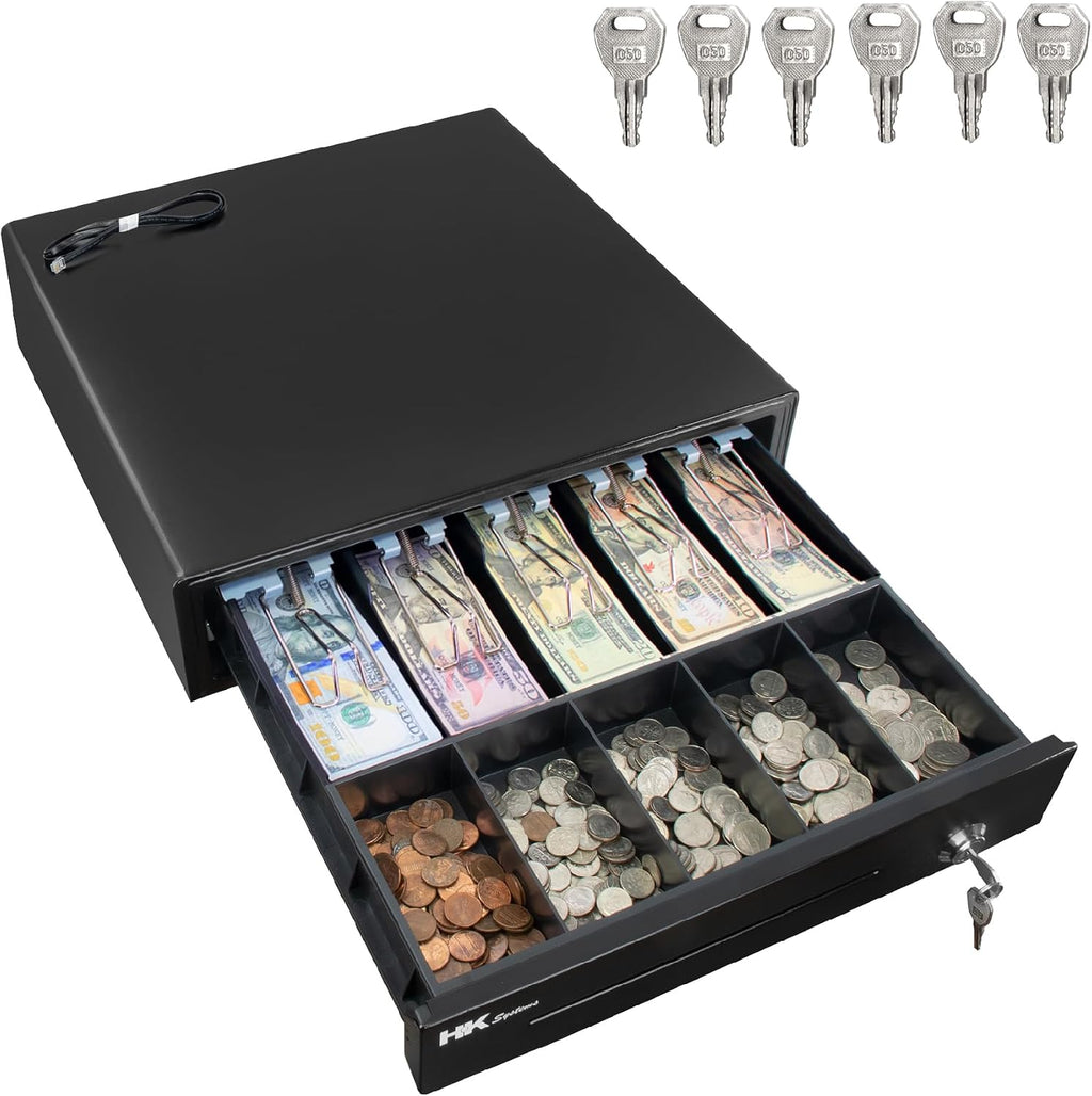 16" Heavy Duty Black POS Cash Drawer with 5Bill/5Coin, Removable Coin Compartment ONLY, 24V, RJ11, Single Large Front
