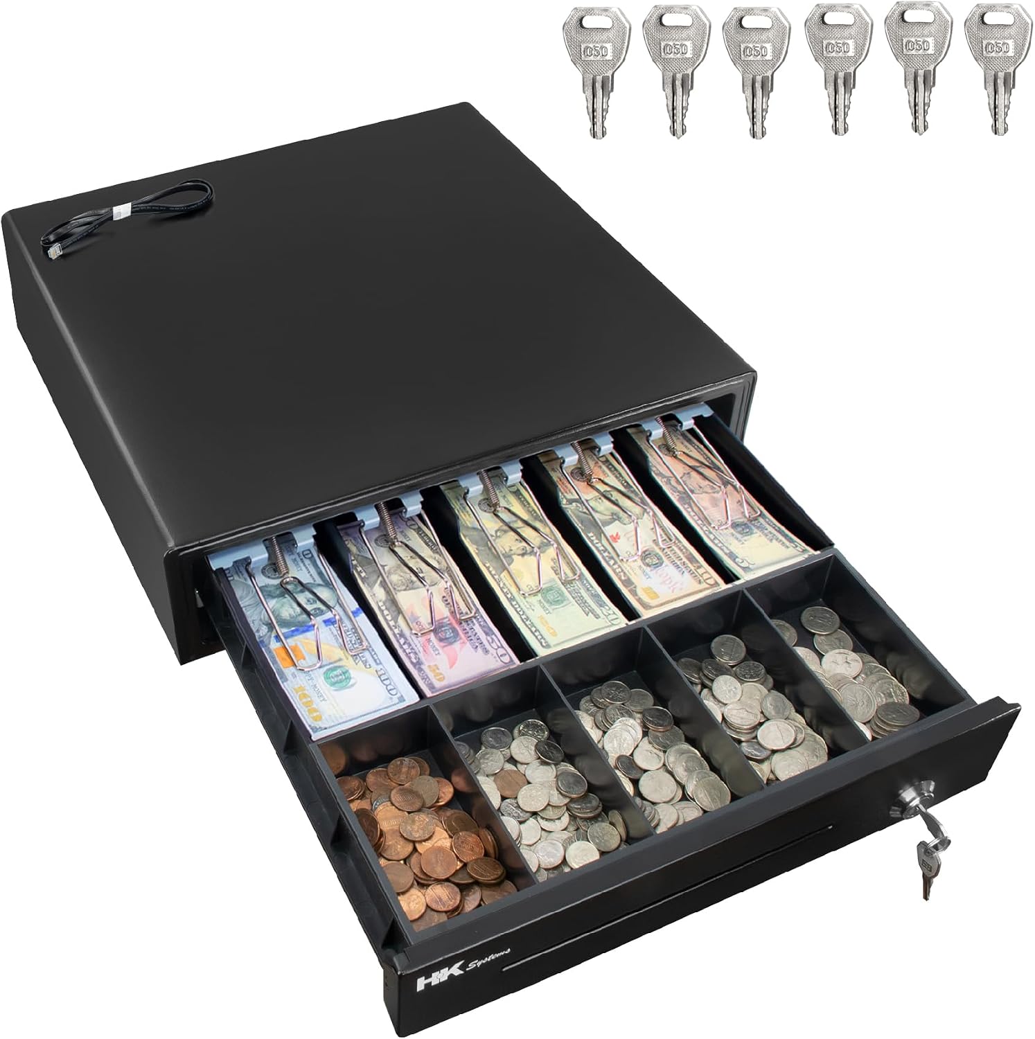 16" Heavy Duty Black POS Cash Drawer with 5Bill/5Coin, Removable Coin Compartment ONLY, 24V, RJ11, Single Large Front