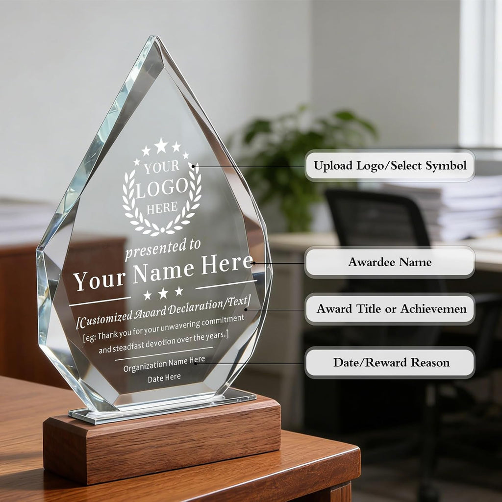 SHIP NEXT DAY, Personalized Crystal Award Trophy - Custom with Company Logo Text & Employee Name, Engraved Award for