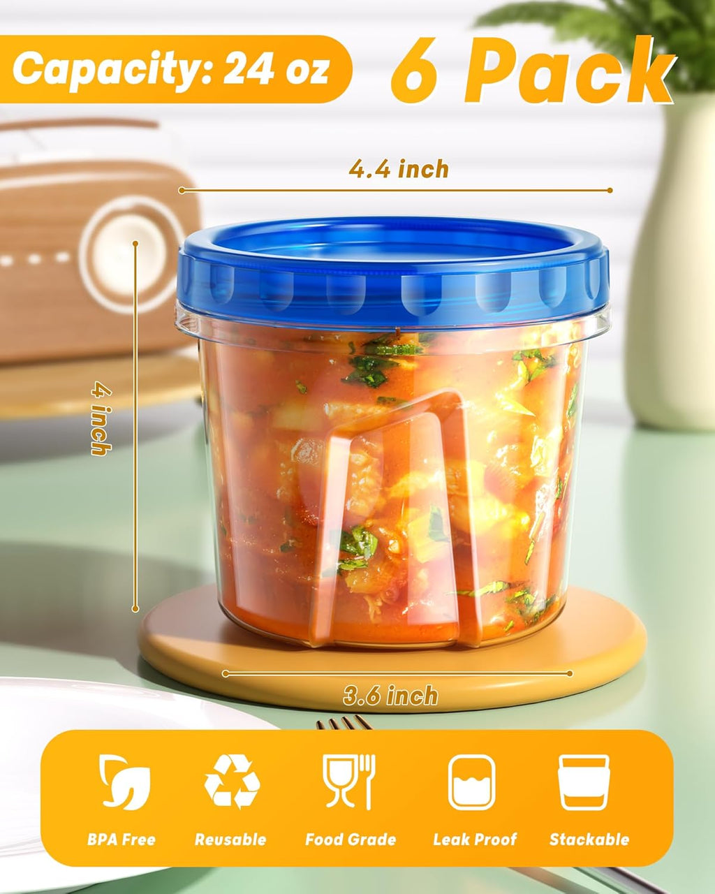 6 Pack-24 oz Freezer Storage Containers, Plastic Food Storage Containers with Twist Top Lids, BPA Free and Reusable