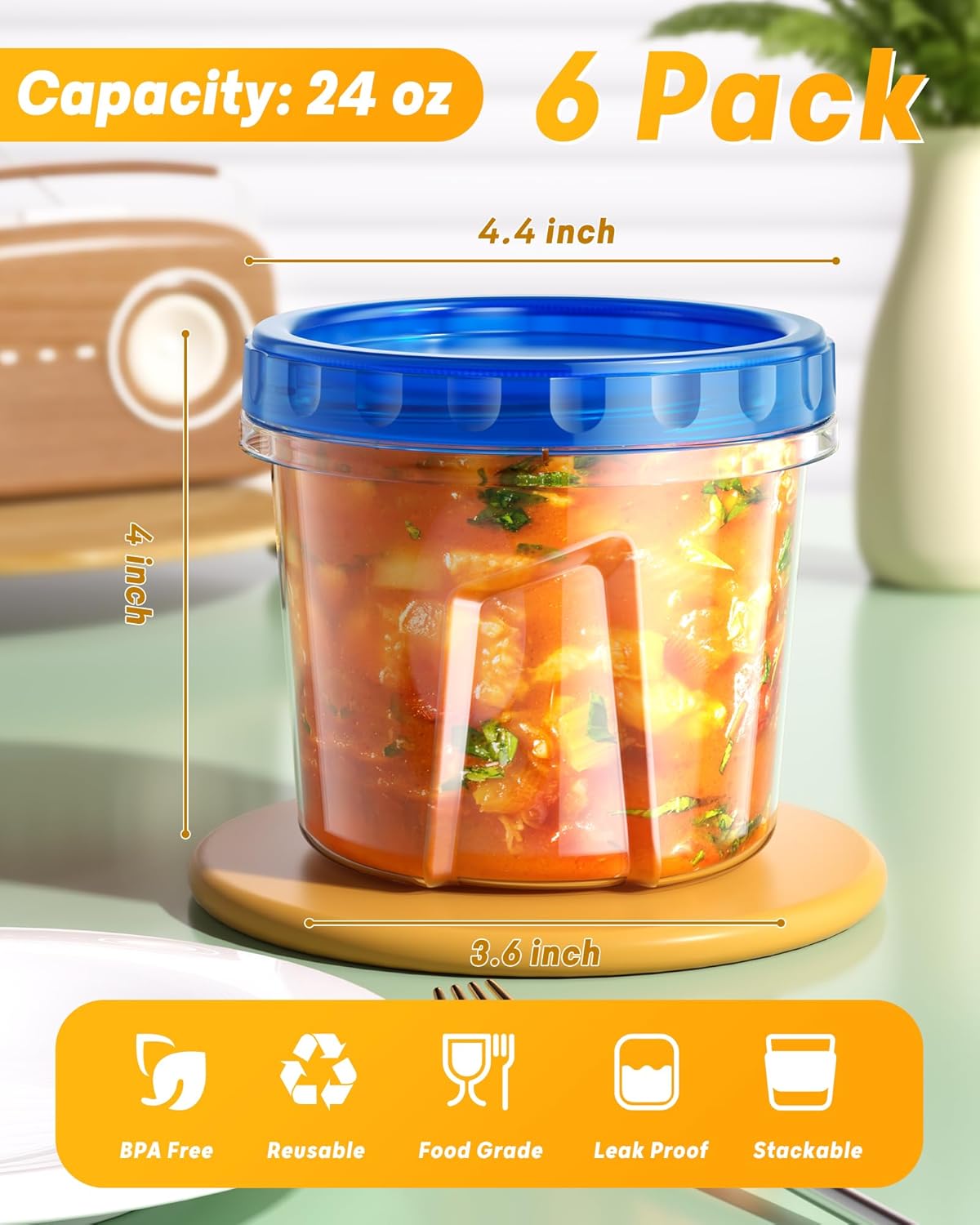 6 Pack-24 oz Freezer Storage Containers, Plastic Food Storage Containers with Twist Top Lids, BPA Free and Reusable