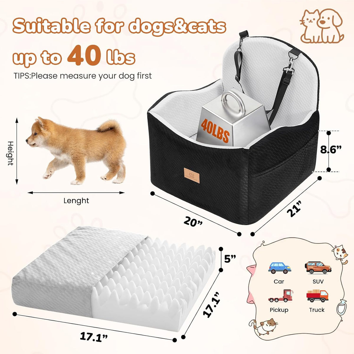 Dog Car Seat for Medium/Small Dogs, Dog Booster Car Seat, Pet Booster Seats Up to 40lbs with Waterproof Layer, 3