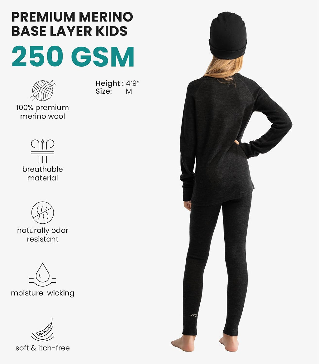 100% Merino Wool Base Layer Kids Set - Midweight Unisex Thermal Underwear | Soft, Non-Itchy Kids / Toddler Clothes