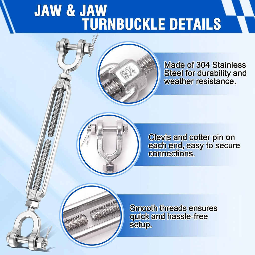 Stainless Steel Turnbuckle 1/4" x 4"(4 Pack) Jaw & Jaw Turnbuckles