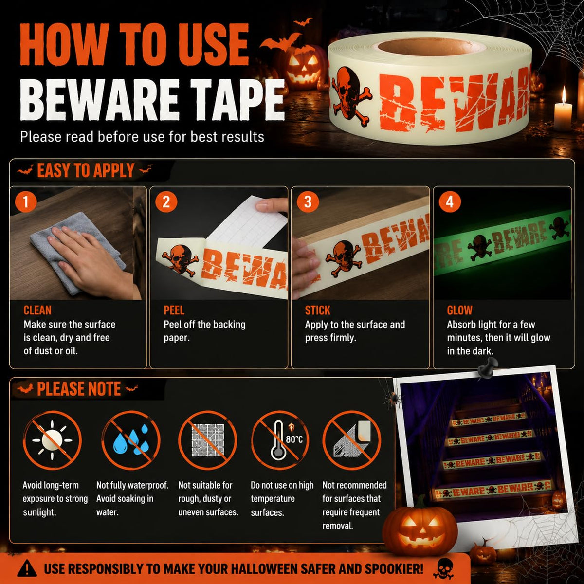 Halloween Glow Dark Caution Tape 2 in x 16.4 ft
