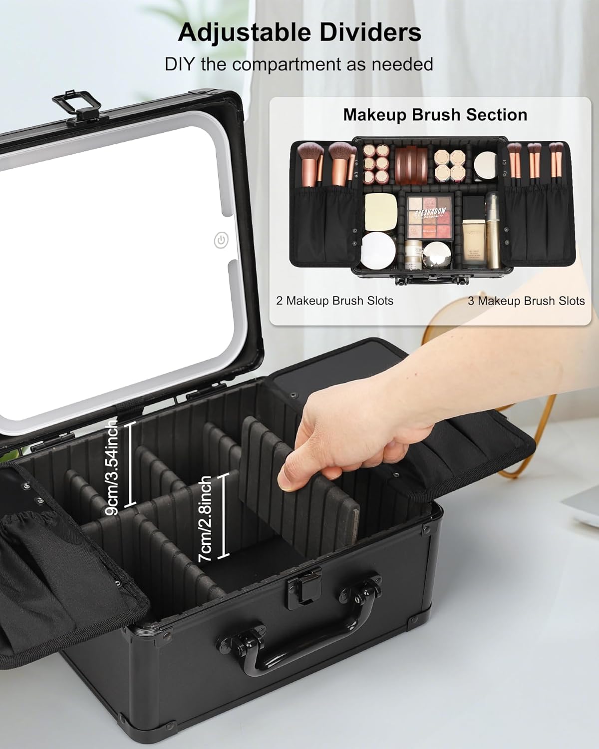 Makeup Bag with LED Mirror, Makeup Box Travel Train Case with Rechargeable Lighted Mirror & Adjustable Dividers