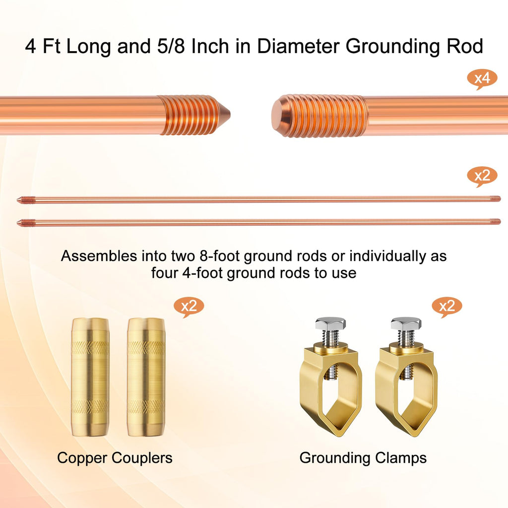 Zonon 2 Pcs 8 ft Ground Rod Kit with Clamps