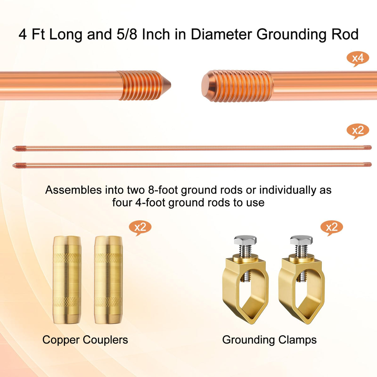 Zonon 2 Pcs 8 ft Ground Rod Kit with Clamps
