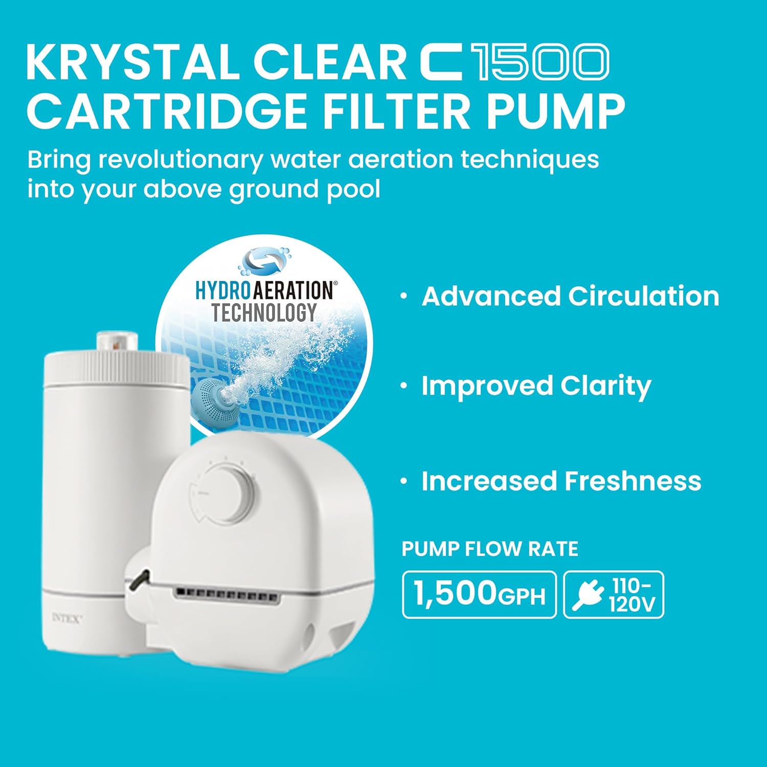 C1500 Cartridge Filter Pump for AGP: 1500 GPH Pump Flow Rate - Cartridge Gauge Indicator - HydroAeration Technology