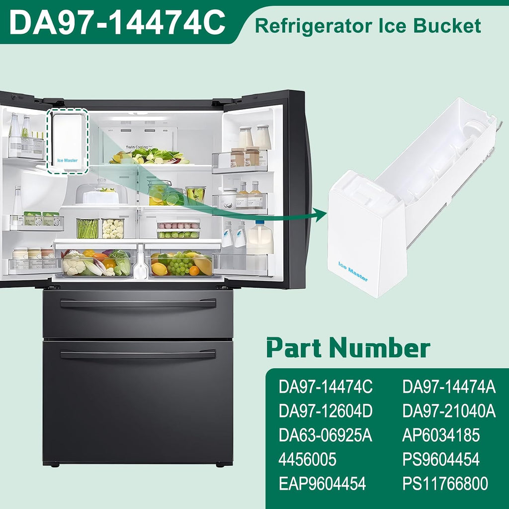 Upgraded DA97-14474A DA97-14474C DA97-12604D Refrigerator Ice Maker Replacement Compatible with Samsung Ice Bucket Parts RF26J7500SR, RF28HFEDTSR, RF265BEAESR Ice Bin Tray W/Latch Plate