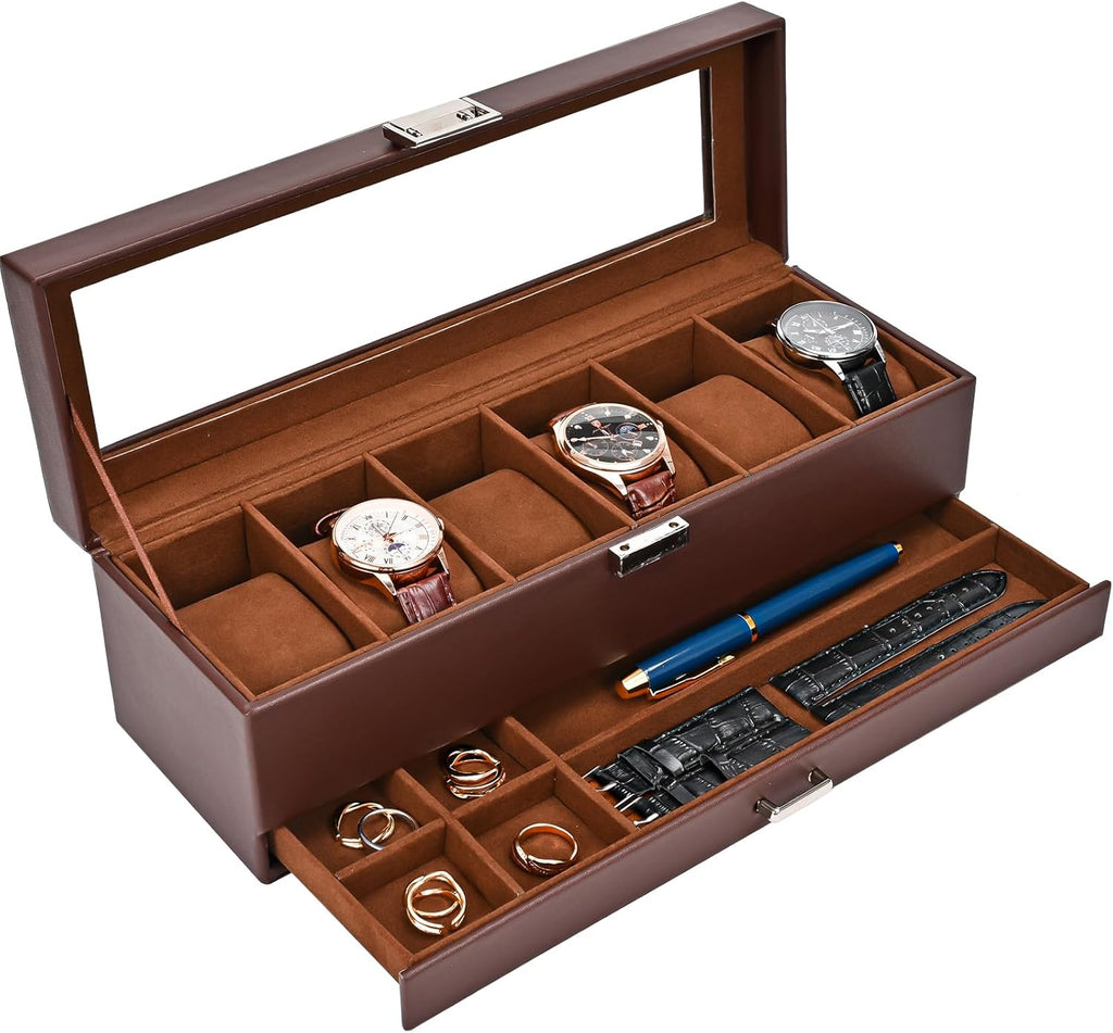 Watch Box, 6 Slot Watch Display Case with Drawer -Espresso | Mens Watches Case with Glass Lid, 2-Layer Mens Jewelry