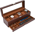 Watch Box, 6 Slot Watch Display Case with Drawer -Espresso | Mens Watches Case with Glass Lid, 2-Layer Mens Jewelry