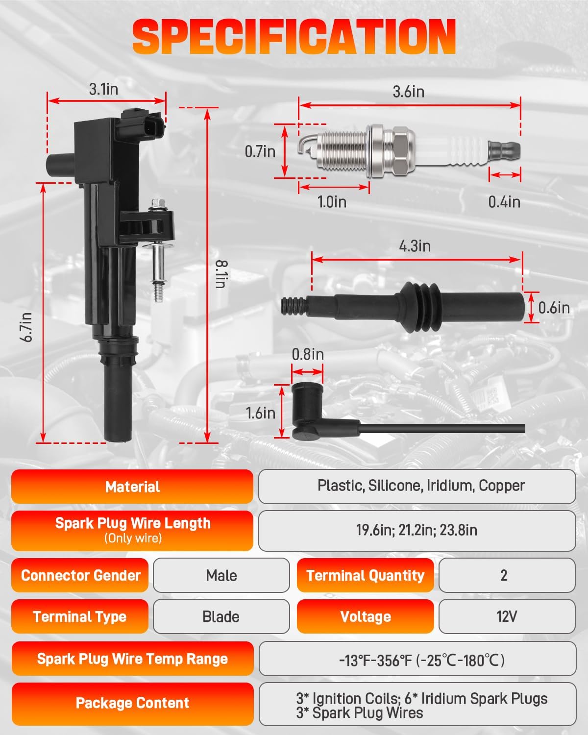 UF640 3 Ignition Coils with 3 Spark plug Wires and 6 Iridium Spark Plugs | Compatible with Jeep Liberty Commander
