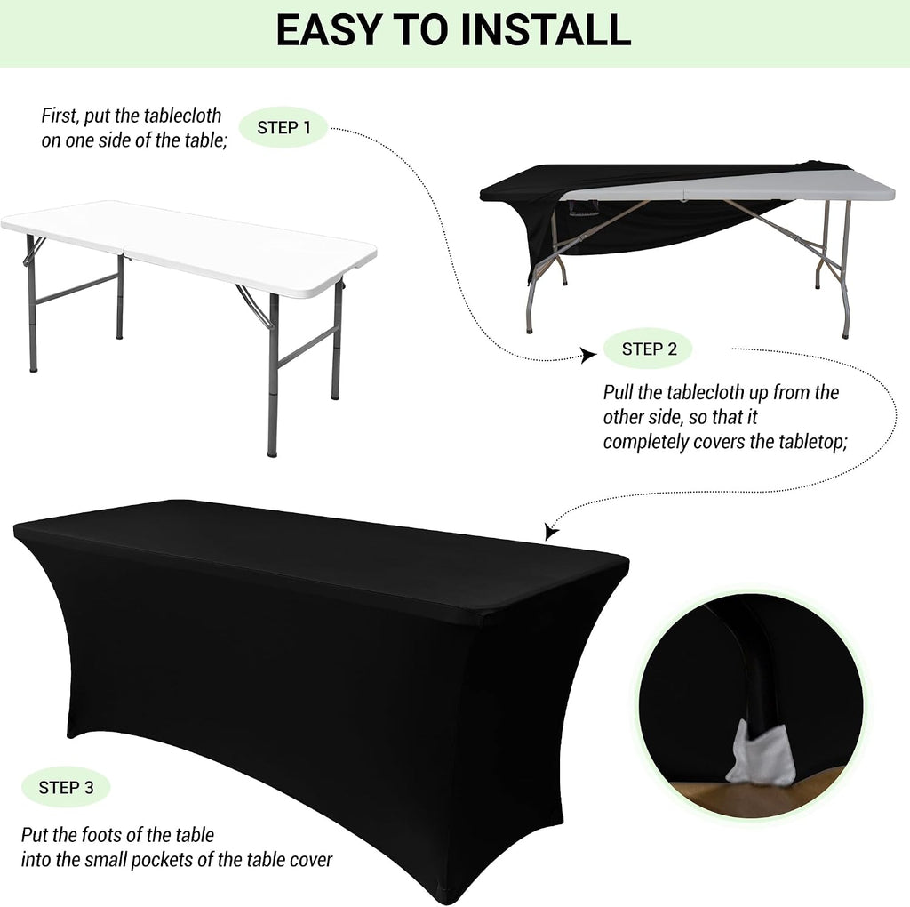 6ft Stretch Black Spandex Table Cloth 2 Pack for Folding Tables