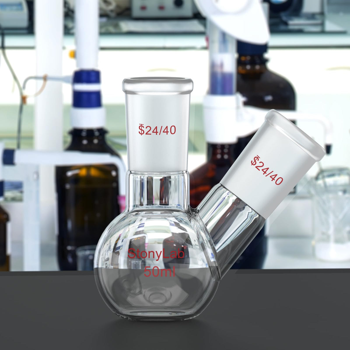 Flat Bottom Flask FBF, Heavy Wall 2-Neck Lab Flask Borosilicate Glass Flat Bottom Boiling Flask with 24/40 Standard